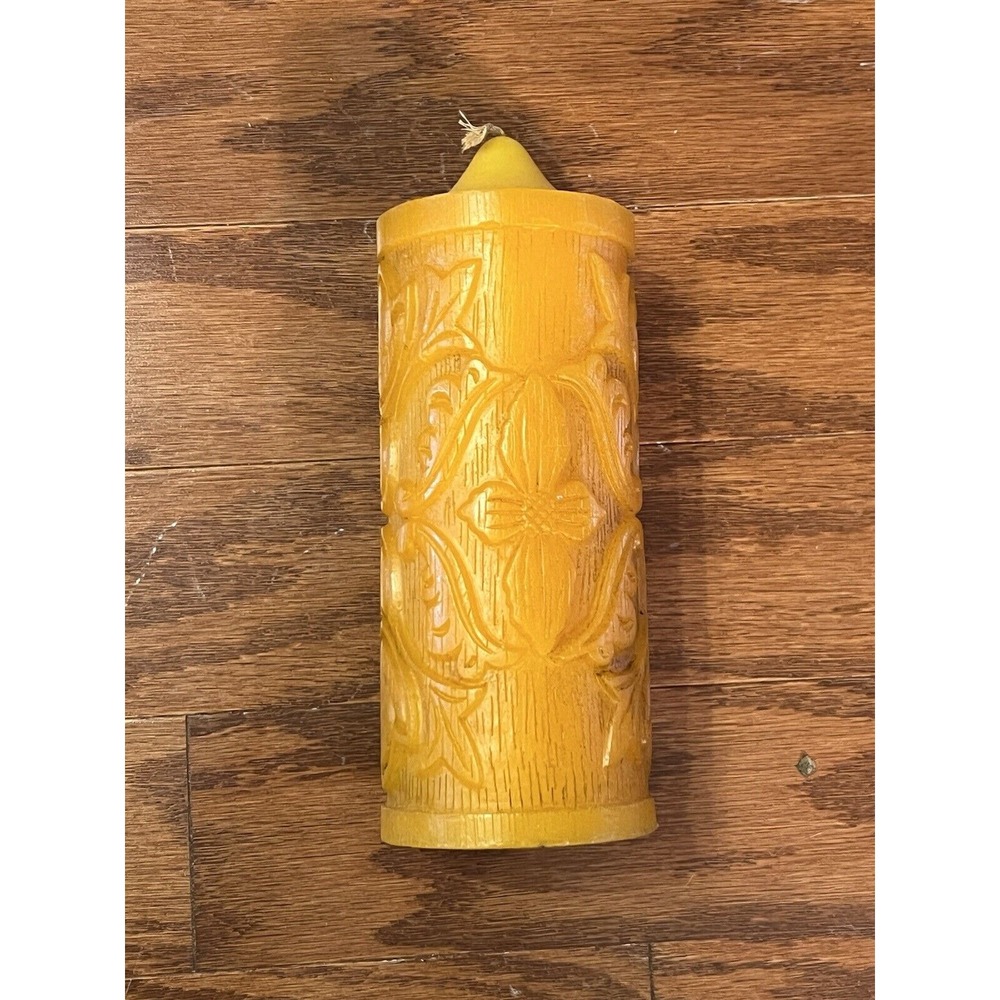 Vintage Harvest Gold 8" Pilar Candle‎ Ornate Design New-Never Lit Retro 70s 60s
